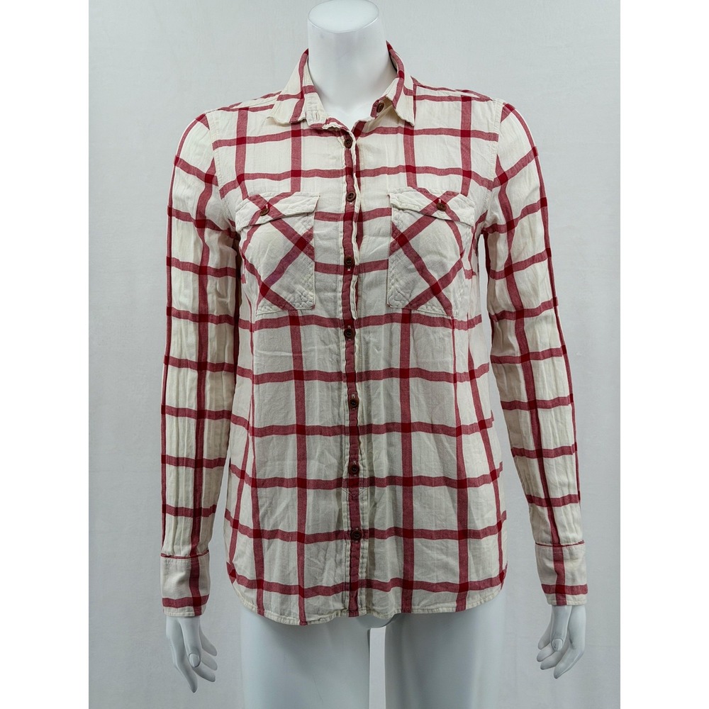 J Crew Top Womens 2 Red Cream Plaid Button Up Long Sleeve Casual‎ Summer Stretch
